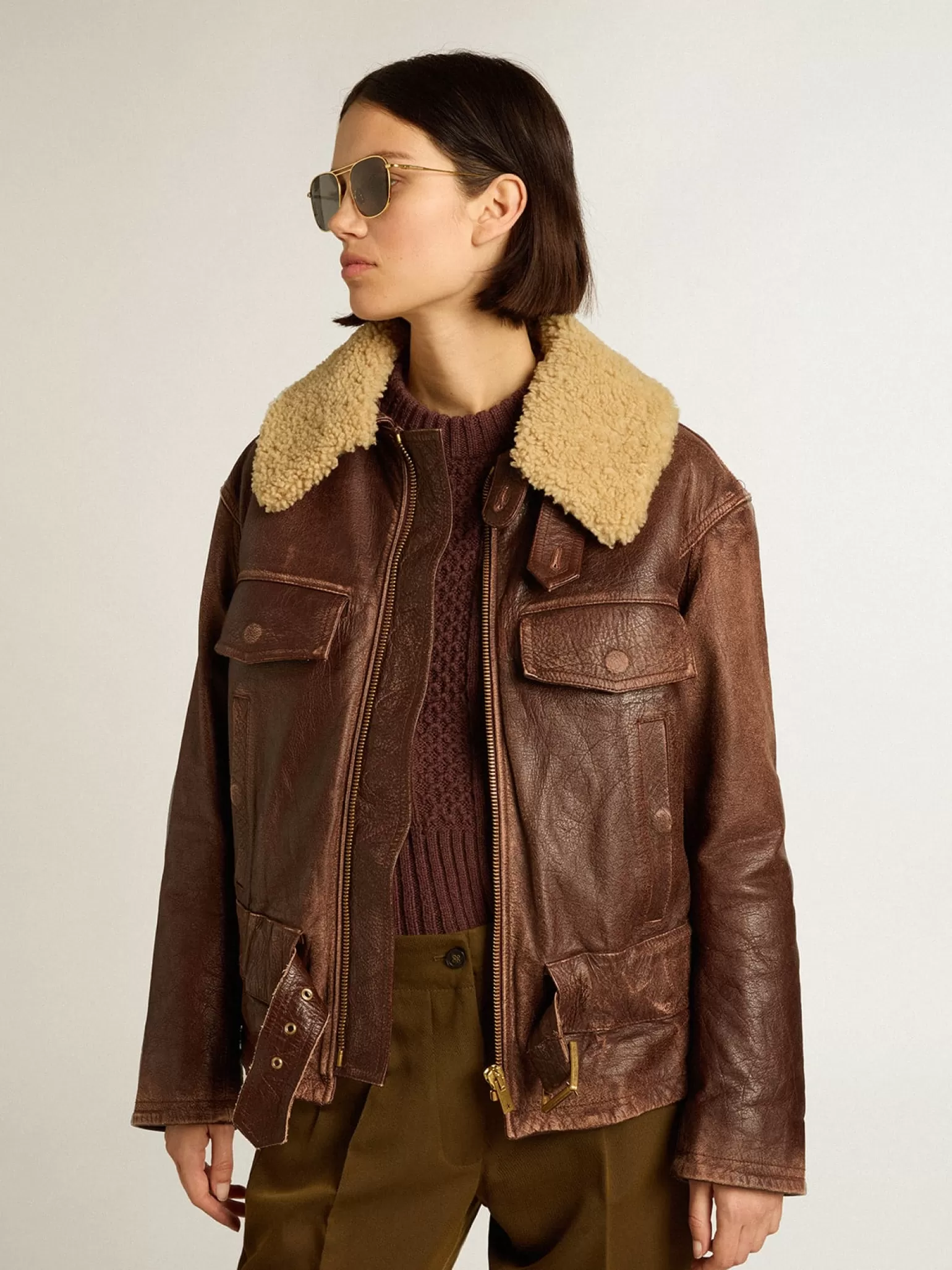 Cheap Jaqueta cor de madeira com gola de shearling removível MULHER Casacos e blusões