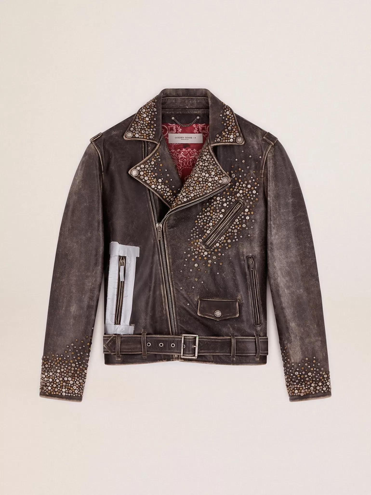 Clearance Jaqueta de couro masculina com tachas marteladas e fita aplicada Casacos e blusões