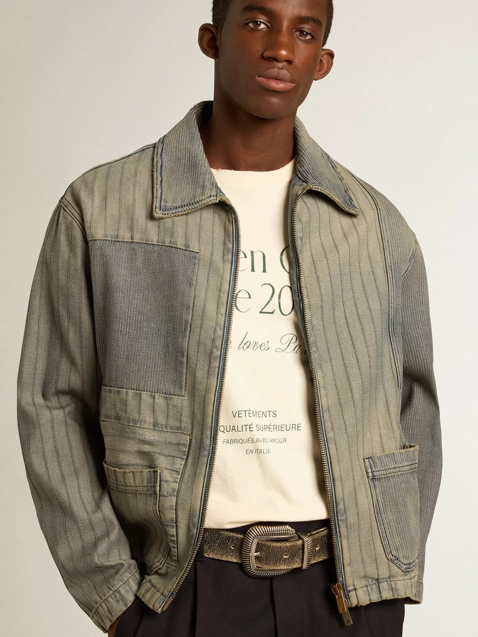Outlet Jaqueta jeans masculina com listras e remendos na frente Casacos e blusões
