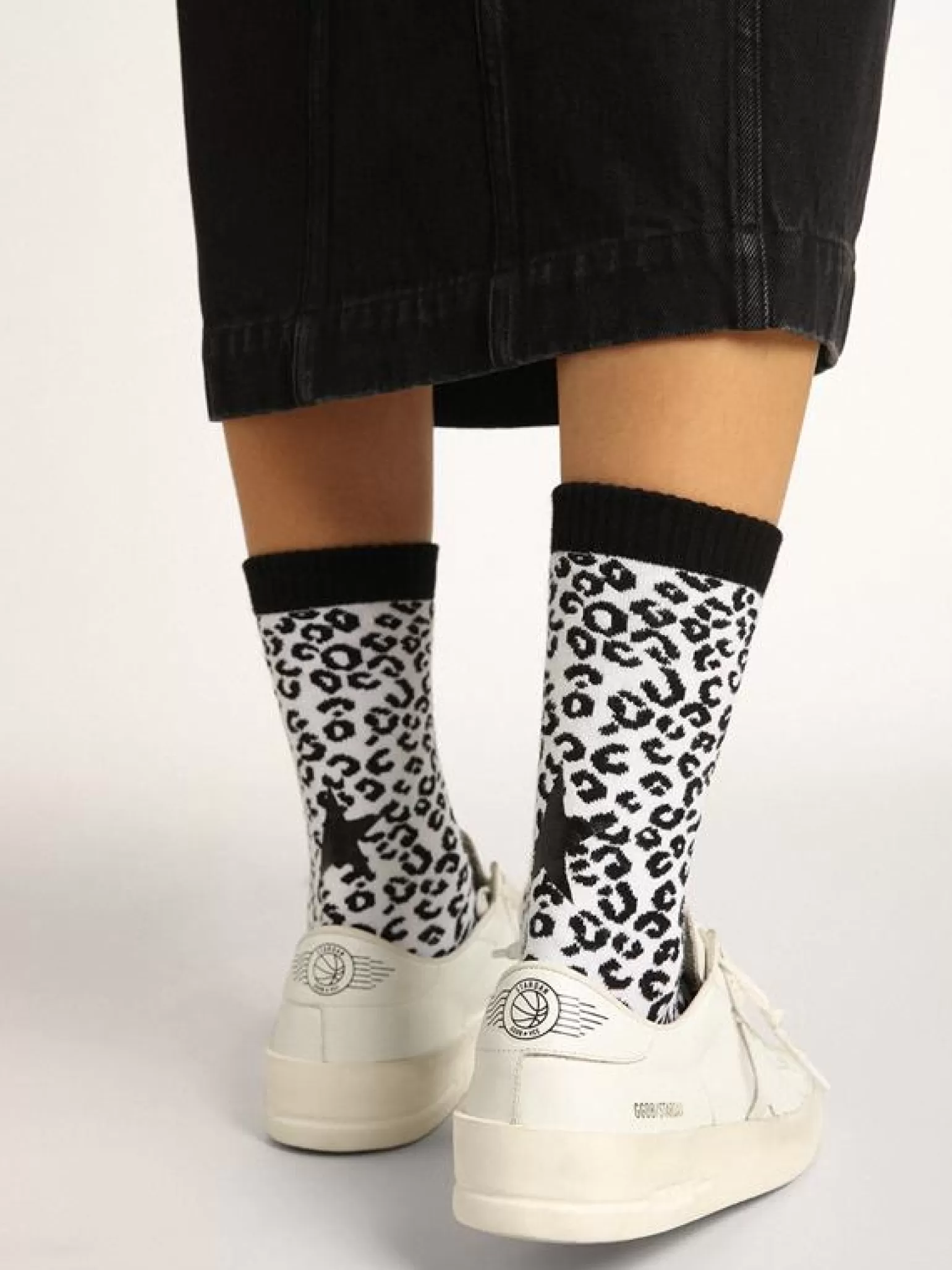 Fashion Meias branco e preto com estampa de leopardo e estrela preta na parte de trás MULHER Meias | Meias