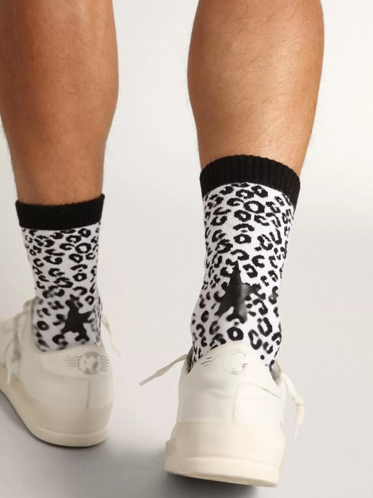 Fashion Meias branco e preto com estampa de leopardo e estrela preta na parte de trás MULHER Meias | Meias
