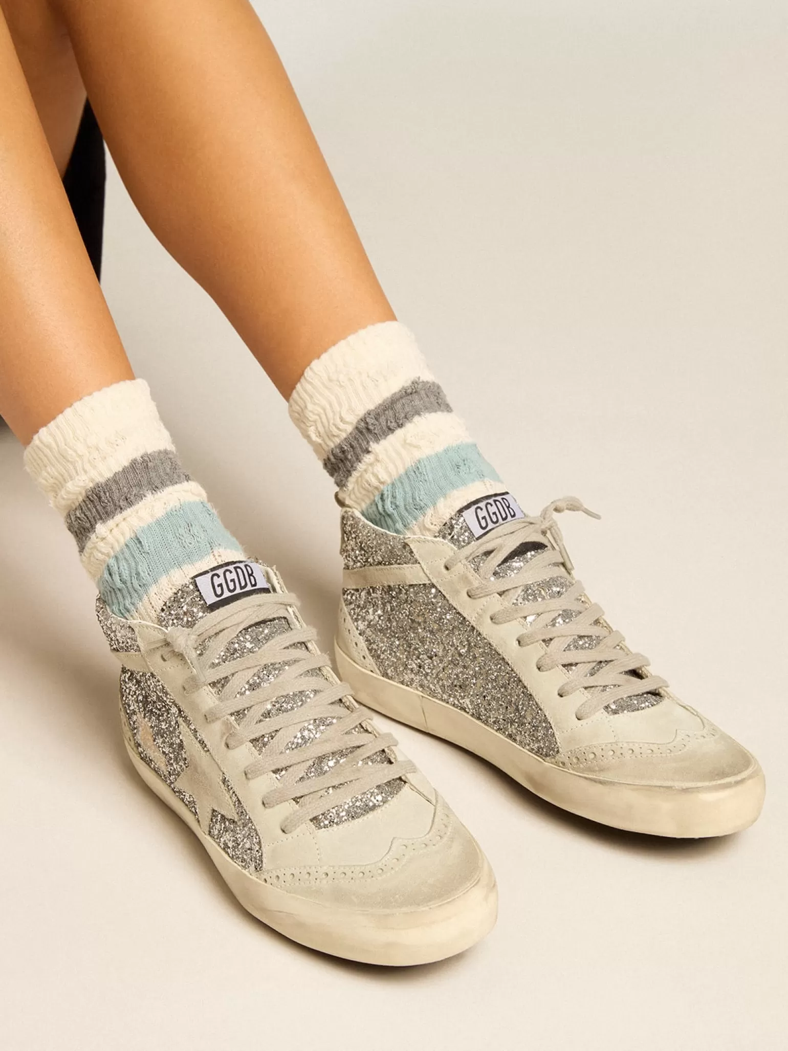 Discount Mid Star de glitter prateado com estrela e lista de suede gelo MULHER Mid Star