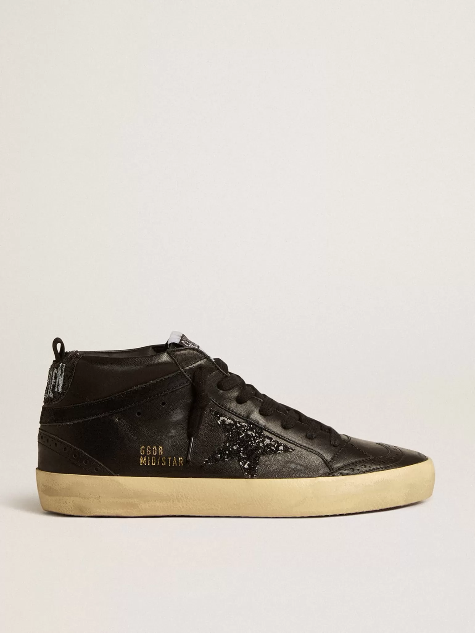 Outlet Mid Star de napa preta com estrela de glitter preto e lista de suede MULHER Mid Star