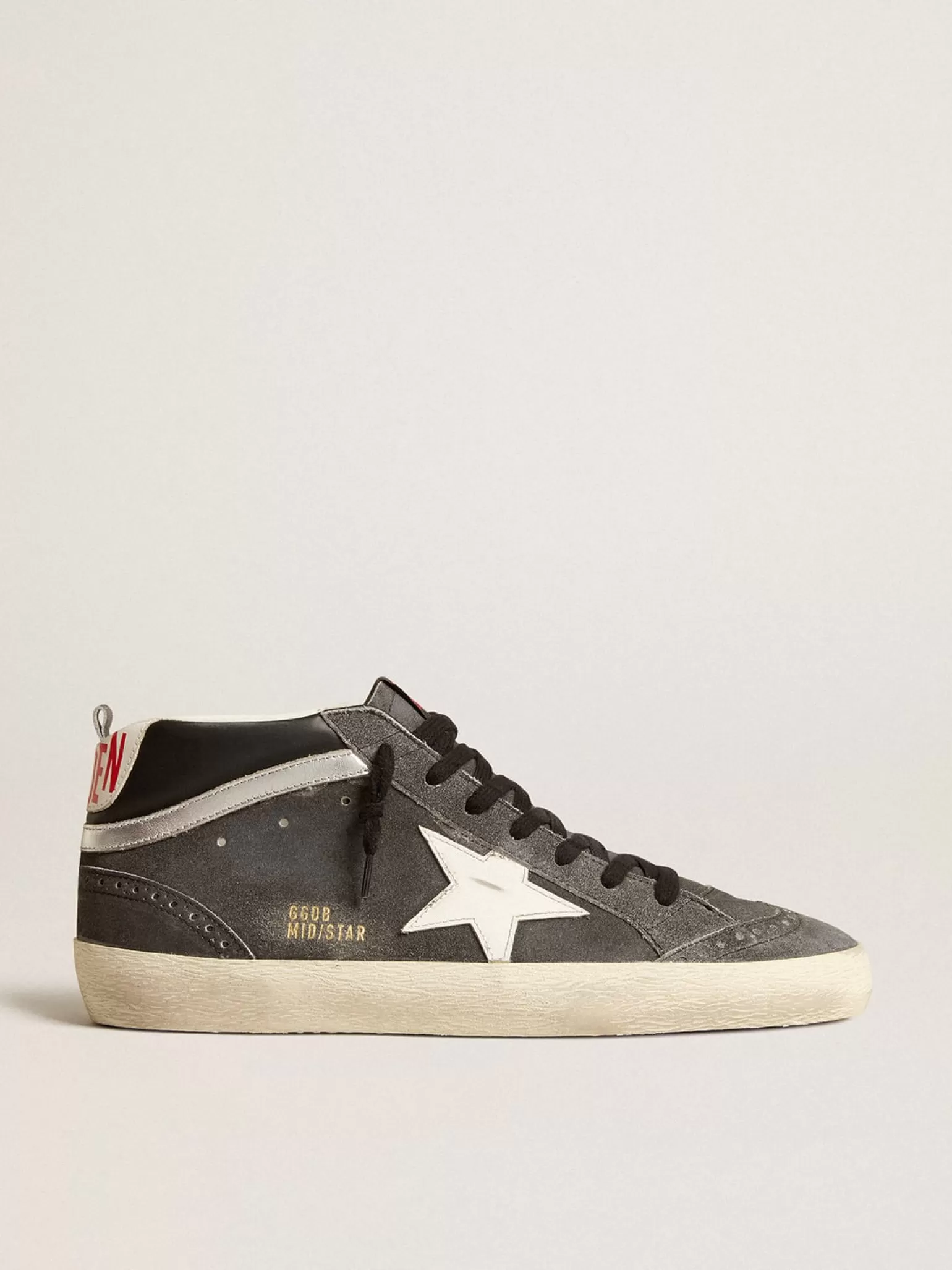 Cheap Mid Star de suede preto com estrela de couro branco e lista prateada Mid Star