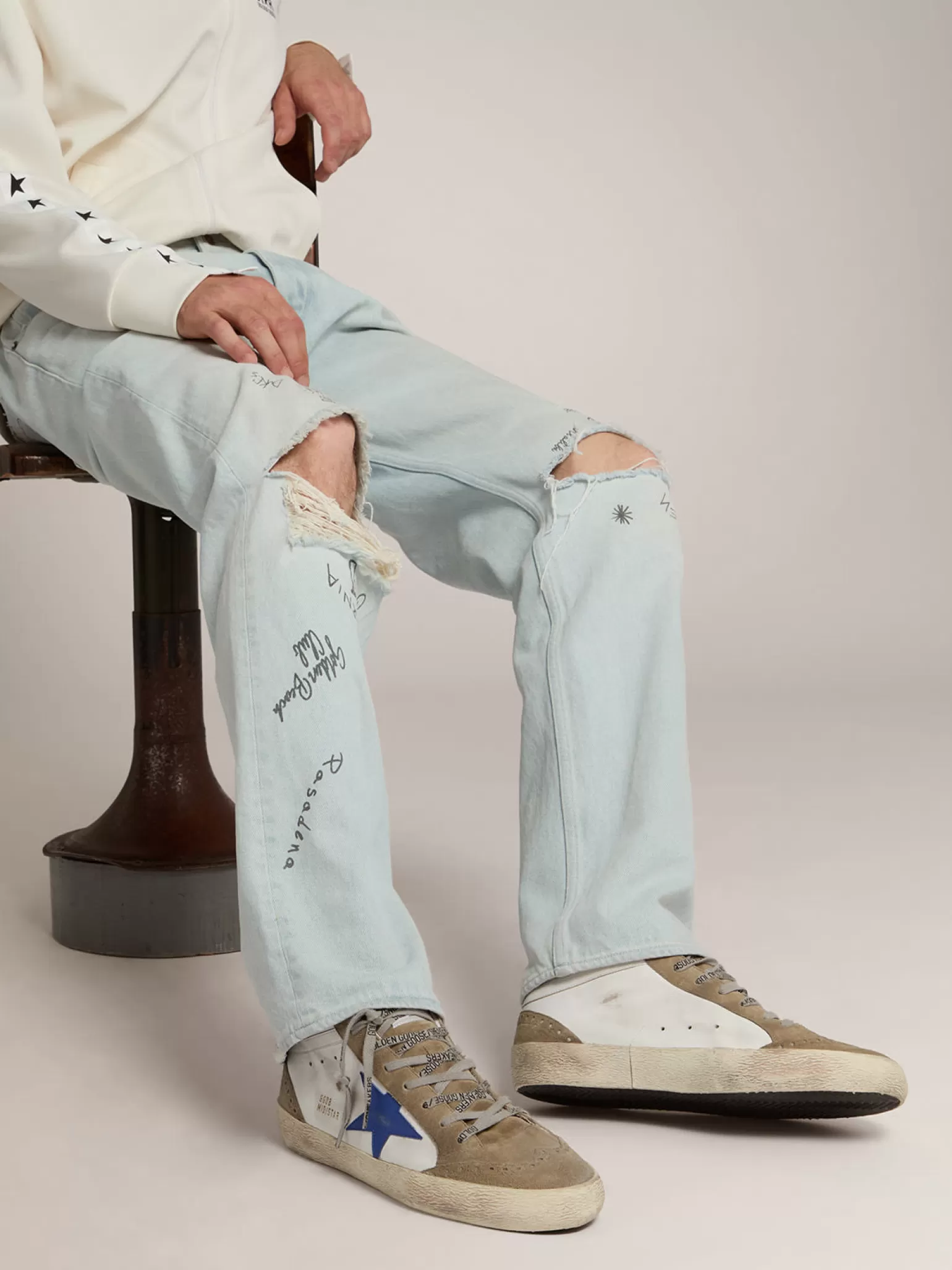 Flash Sale Mid Star masculino de couro branco com estrela azul e inserções havana-rosado Mid Star
