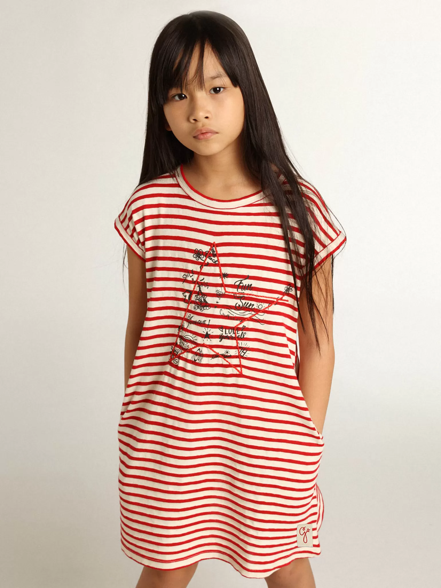 Flash Sale Minivestido com listras brancas e vermelhas e bordado na frente Roupas de cima (4-12 years)