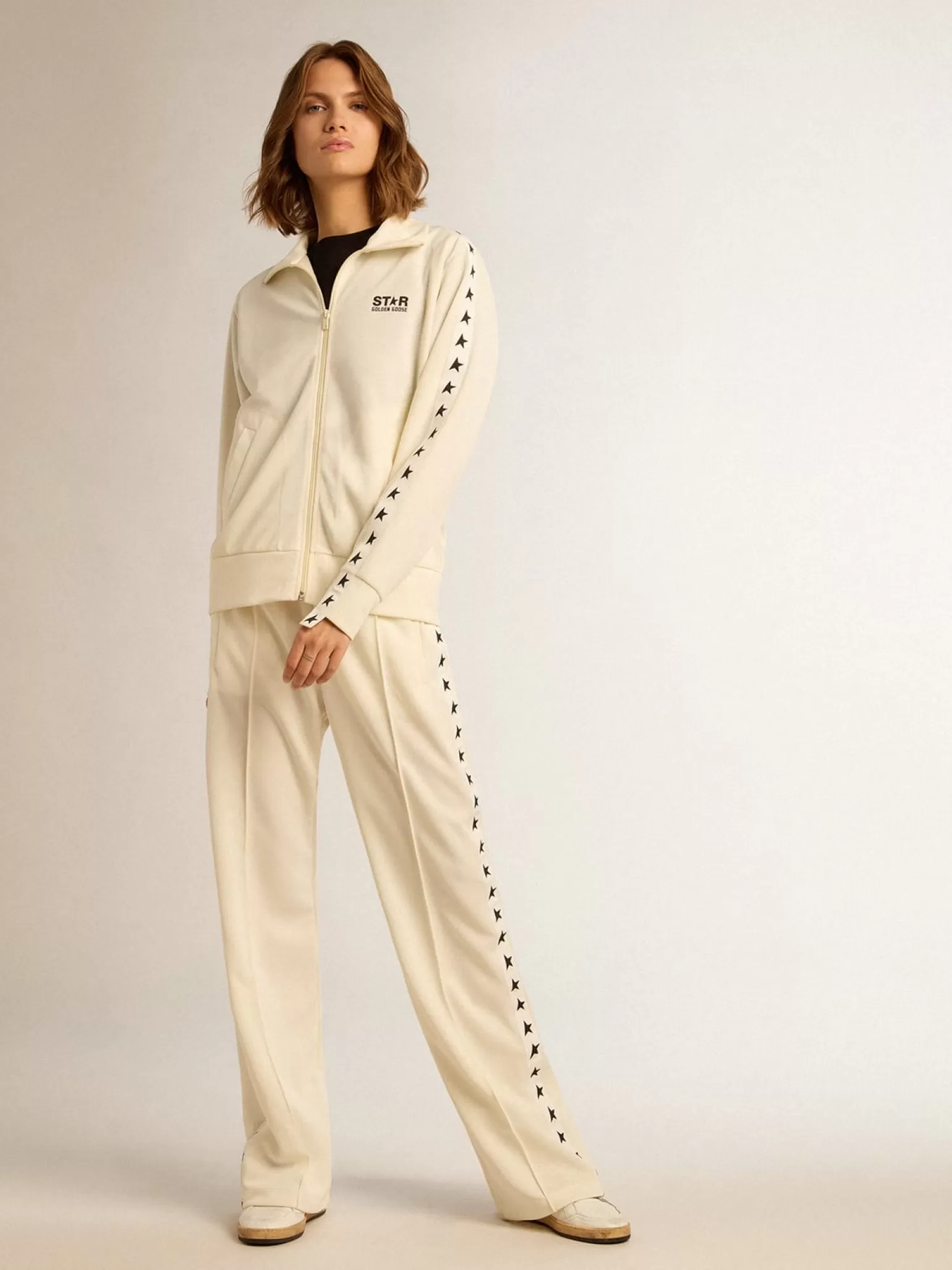 Flash Sale Moletom com zíper feminino branco com faixa branca e estrelas pretas MULHER Moletons