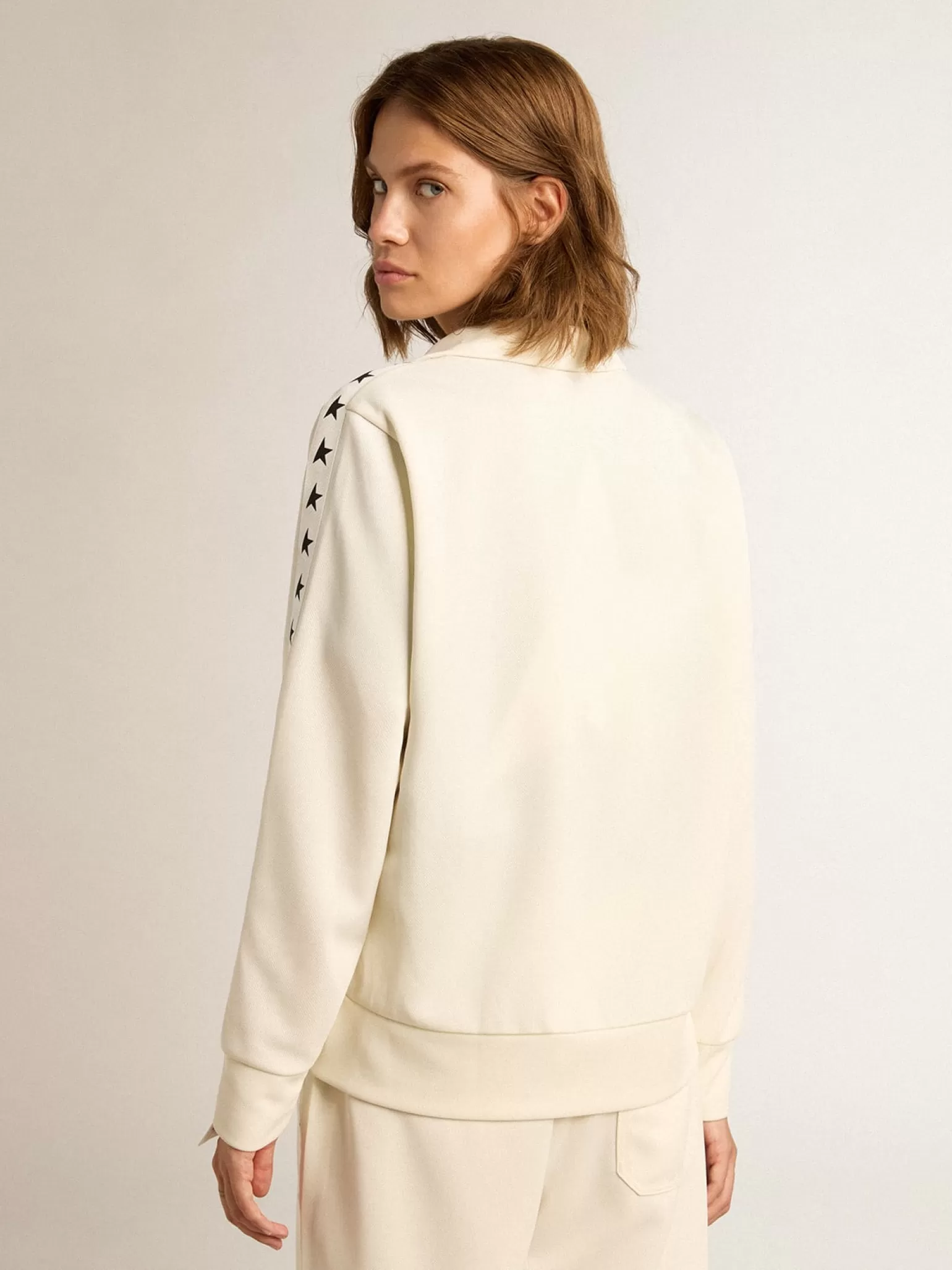 Flash Sale Moletom com zíper feminino branco com faixa branca e estrelas pretas MULHER Moletons