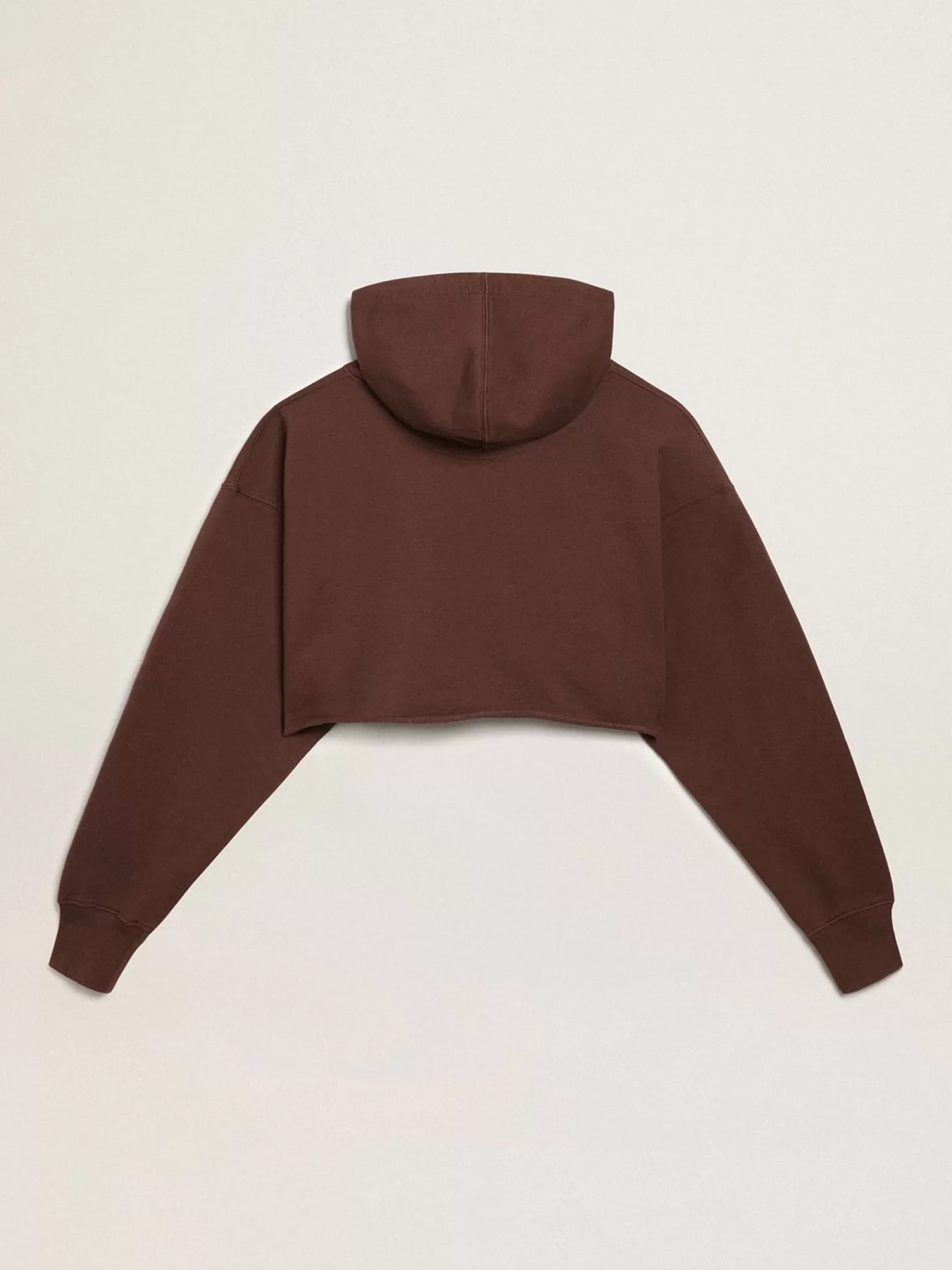 Sale Moletom cropped com capuz Coleção Journey na cor marrom castanha com inscrição Golden branca em contraste MULHER Moletons