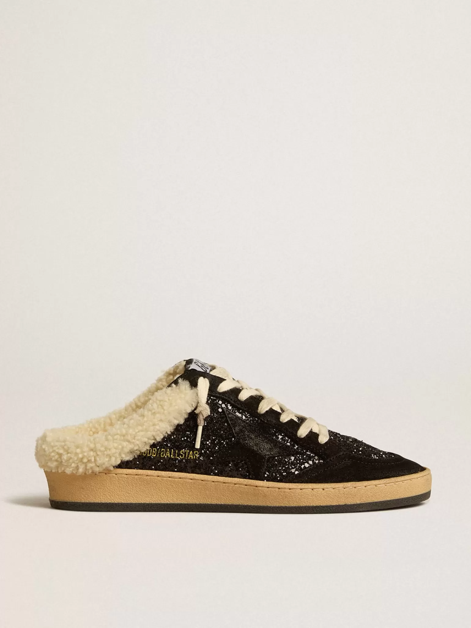 Clearance Mule Ball Star de glitter preto com estrela preta e forro de shearling MULHER Ball Star