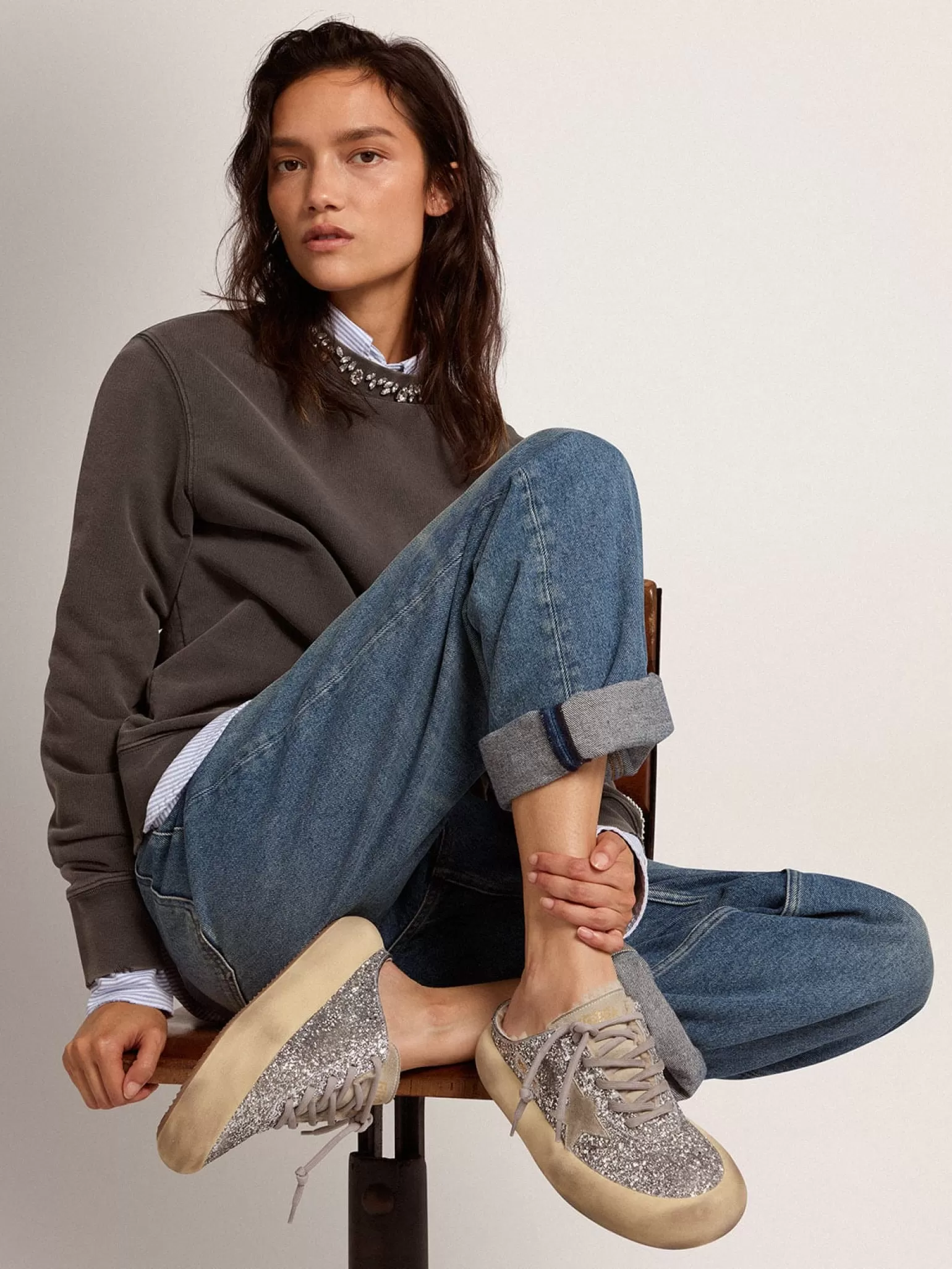 Fashion Mule Space-Star feminino em glitter prateado e forro de shearling MULHER Space-Star