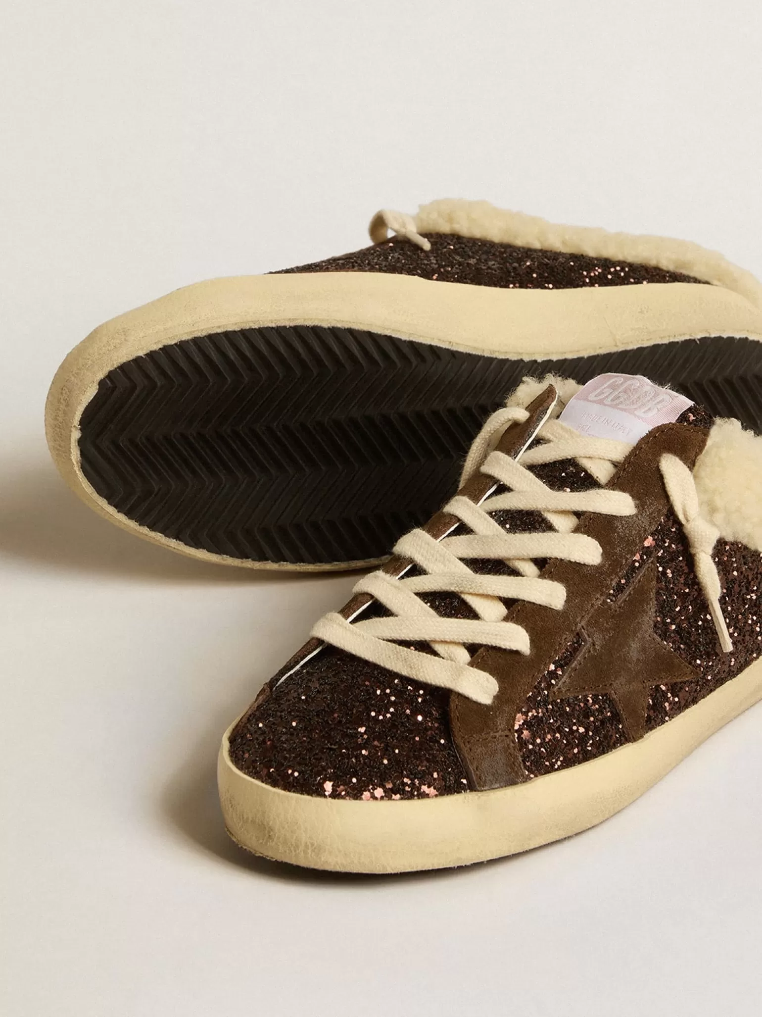 Store Mule Super-Star de glitter com estrela marrom e forro de shearling MULHER Super-Star Sabot