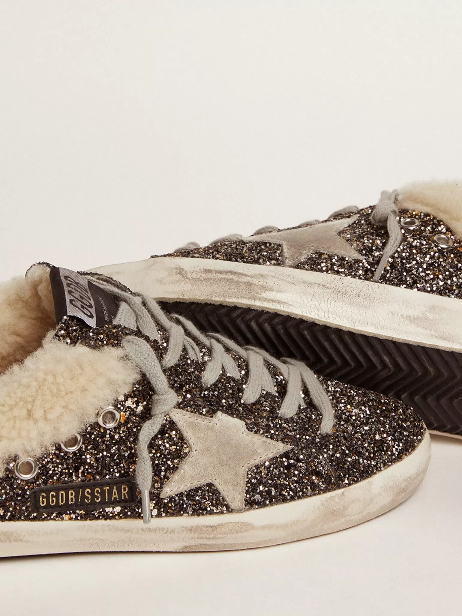 Fashion Mule Super-Star feminino com glitter e interior de shearling MULHER Super-Star Sabot