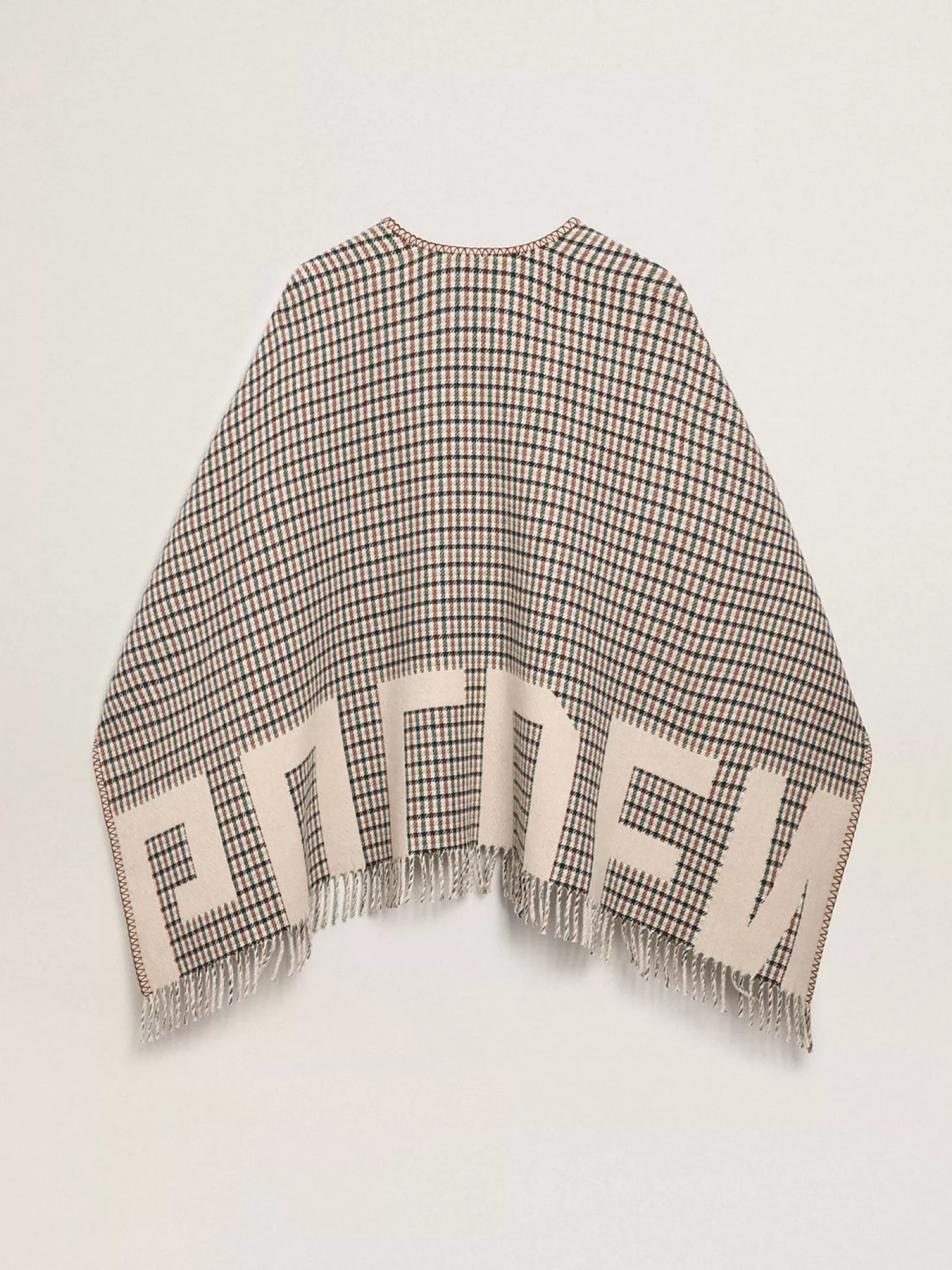 Cheap Poncho de lã dupla face na cor creme com estampa xadrez e inscrição MULHER Malhas | Malhas
