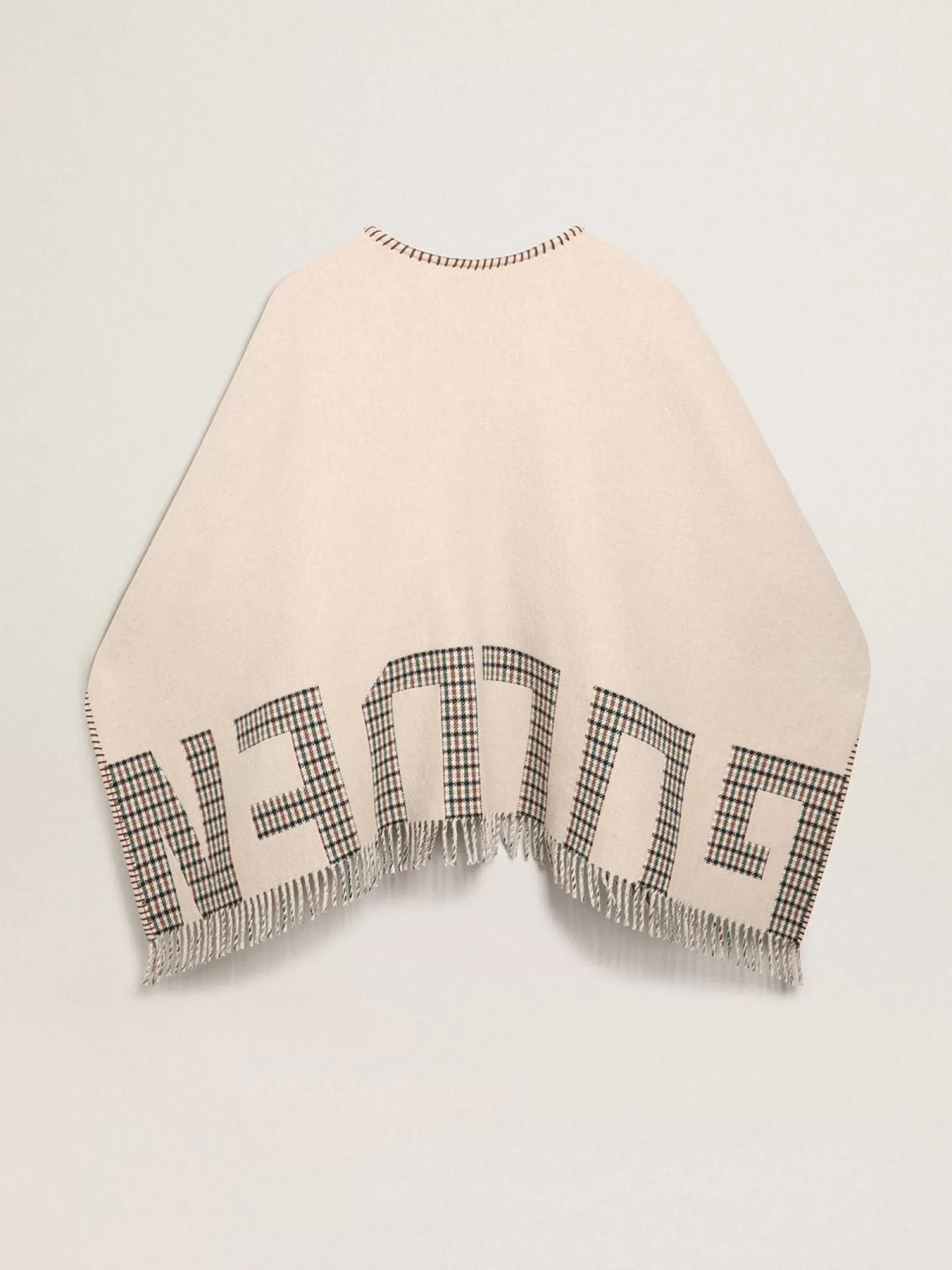 Cheap Poncho de lã dupla face na cor creme com estampa xadrez e inscrição MULHER Malhas | Malhas