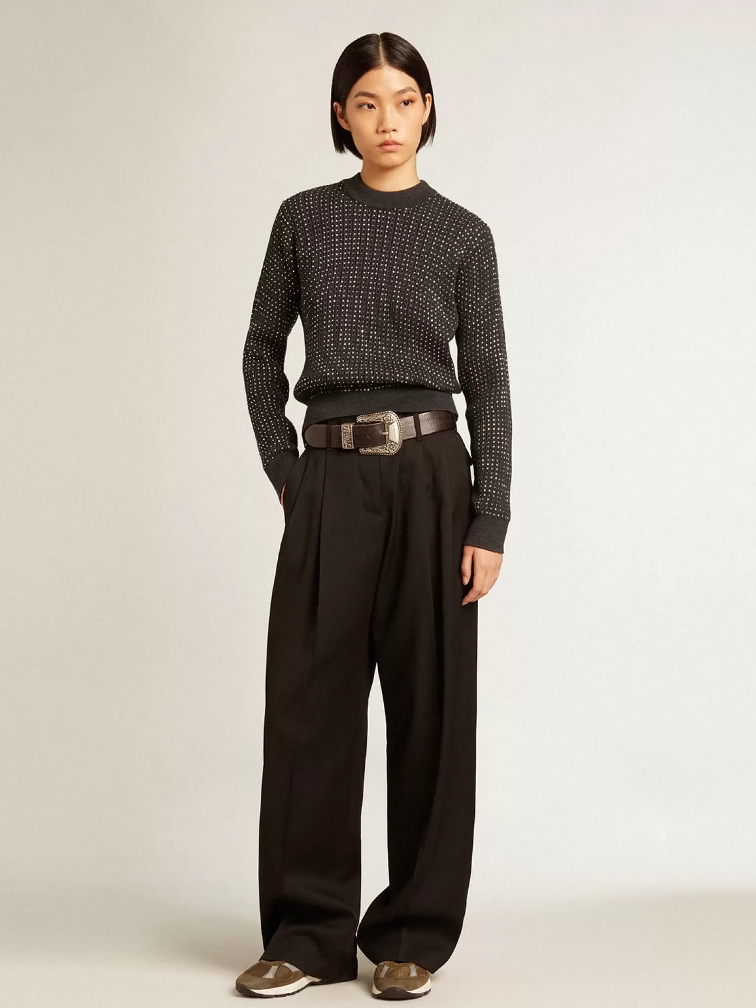Clearance Pulôver de gola redonda de lã merino com cristais all-over MULHER Malhas