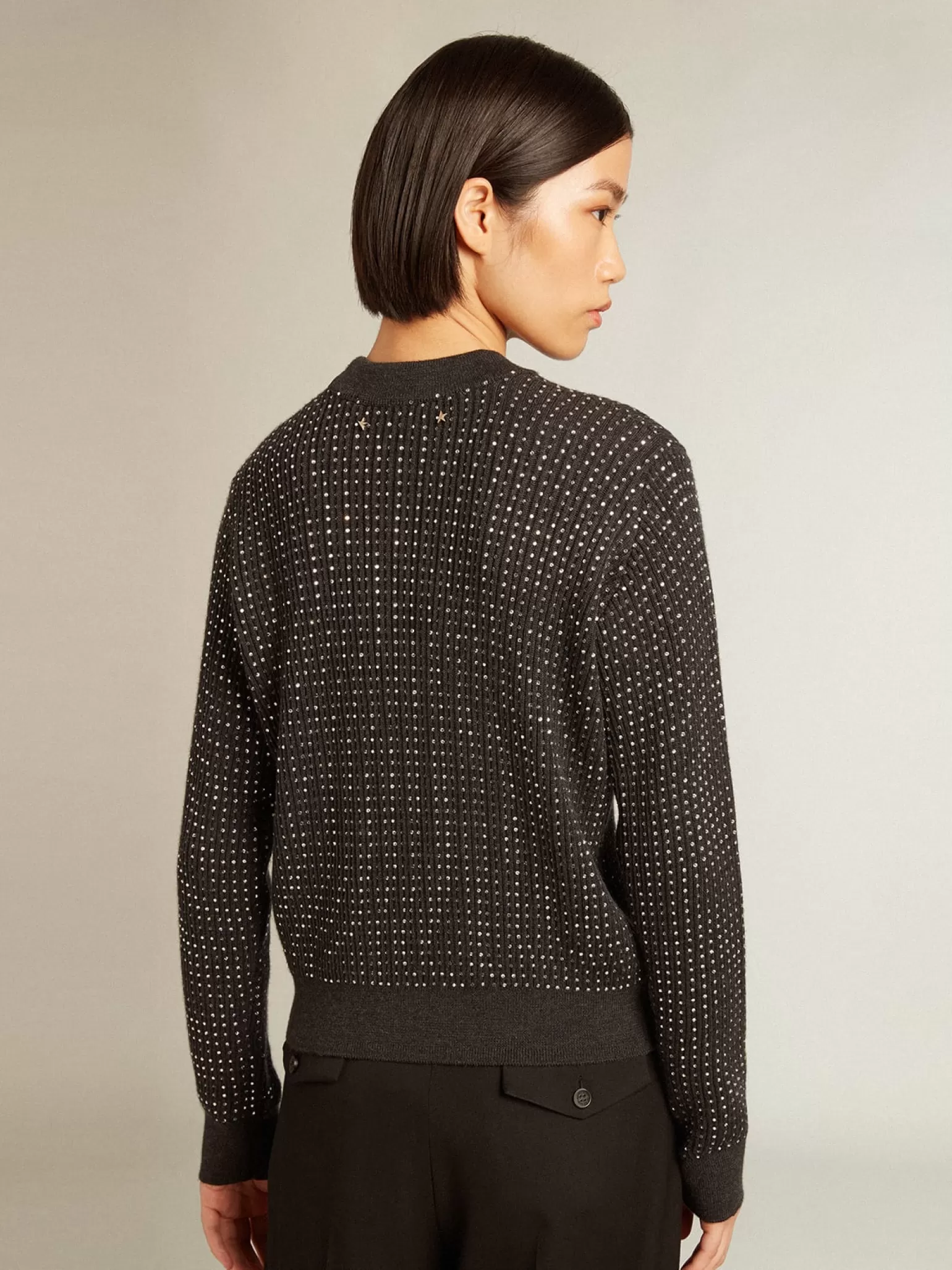 Clearance Pulôver de gola redonda de lã merino com cristais all-over MULHER Malhas