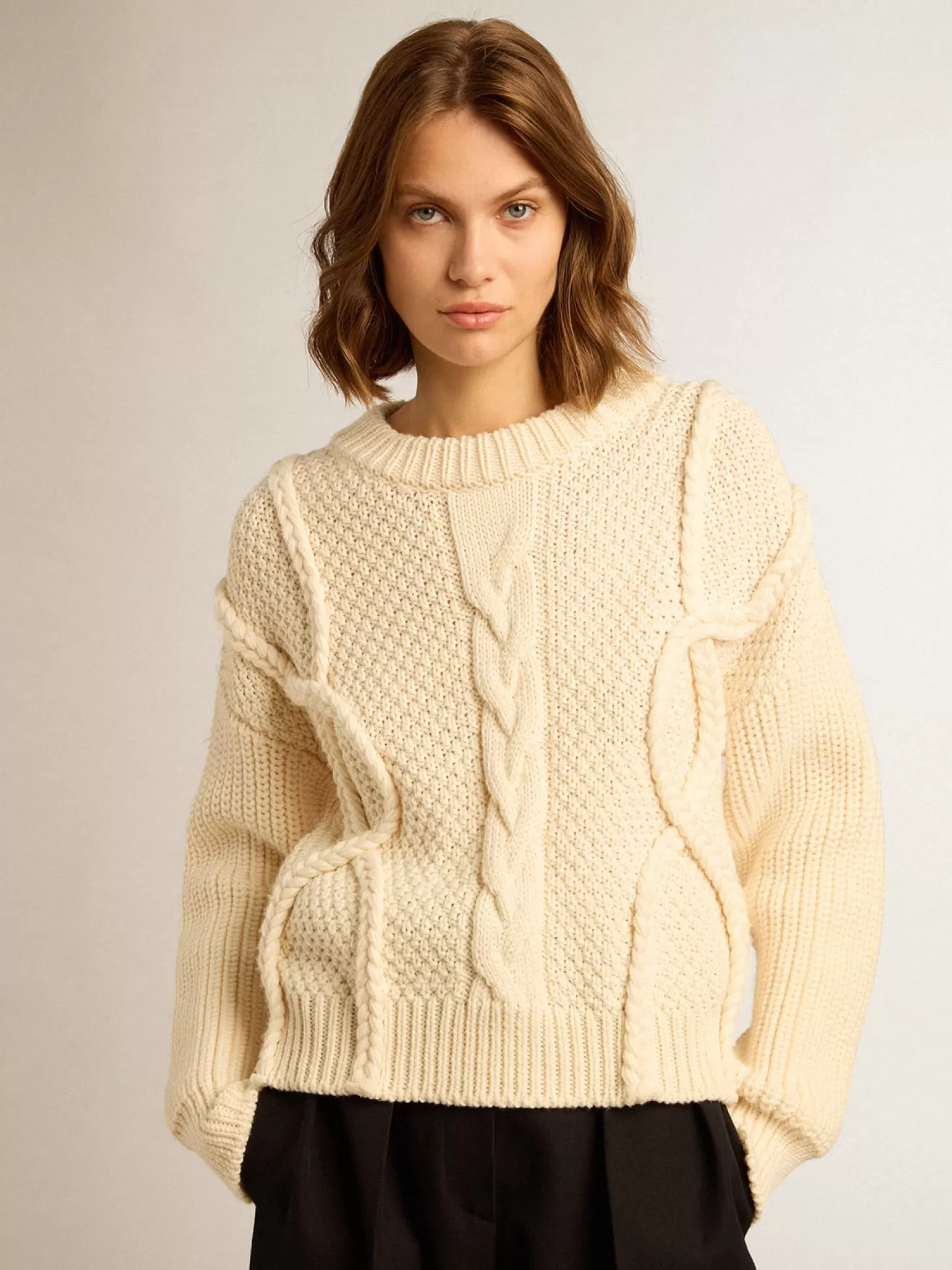 Best Sale Pulôver feminino de gola redonda de lã com padrão entrelaçado MULHER Malhas