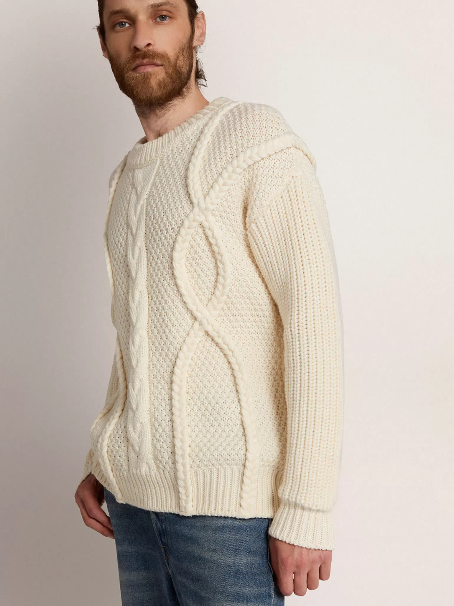 Sale Pulôver masculino de gola redonda de lã com padrão entrelaçado Malhas