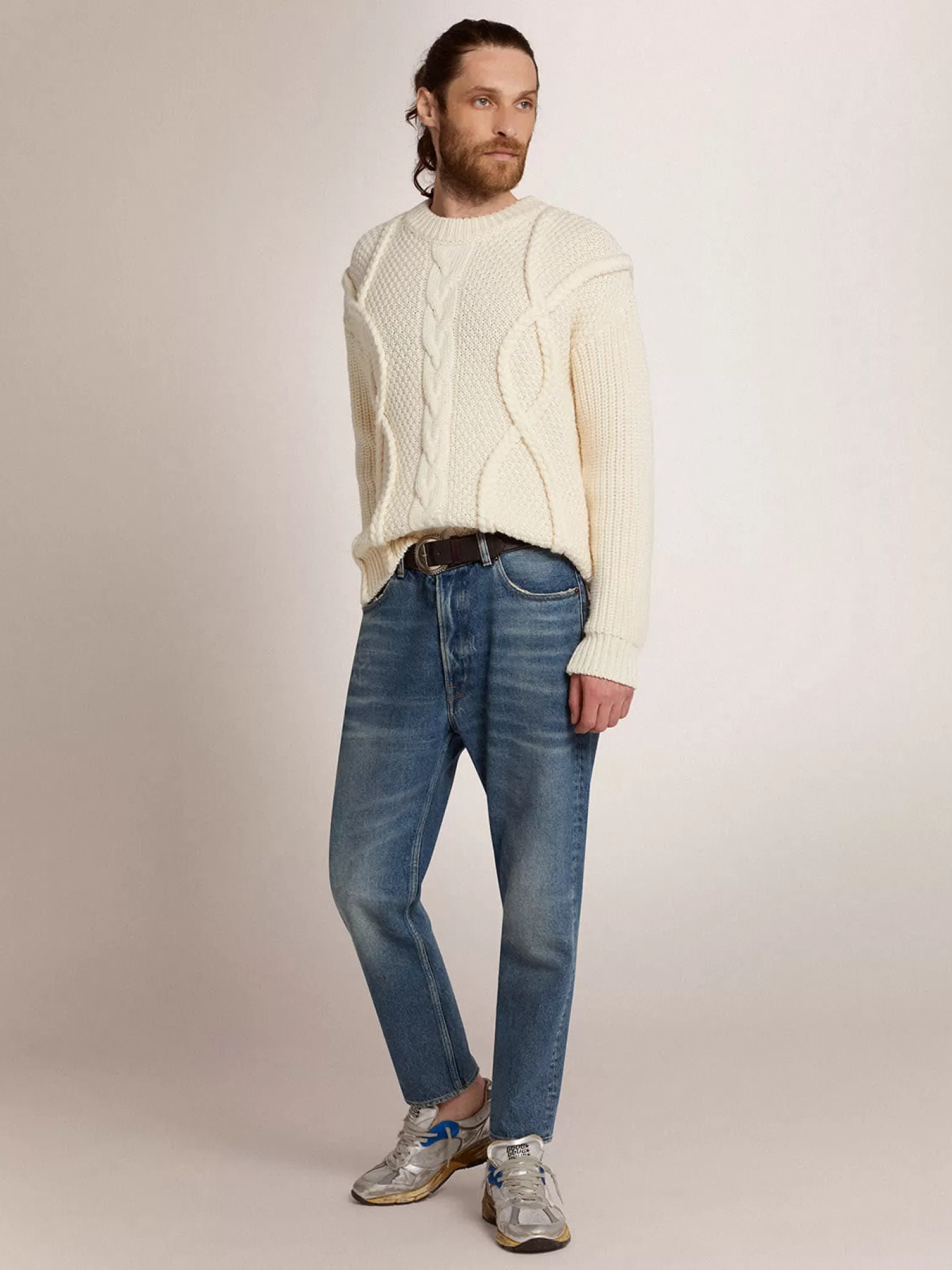 Sale Pulôver masculino de gola redonda de lã com padrão entrelaçado Malhas