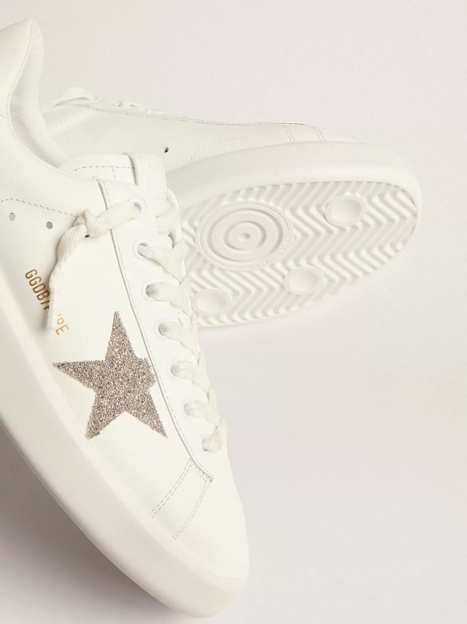 Fashion Purestar feminino de couro branco com estrela de cristais prateados MULHER Purestar