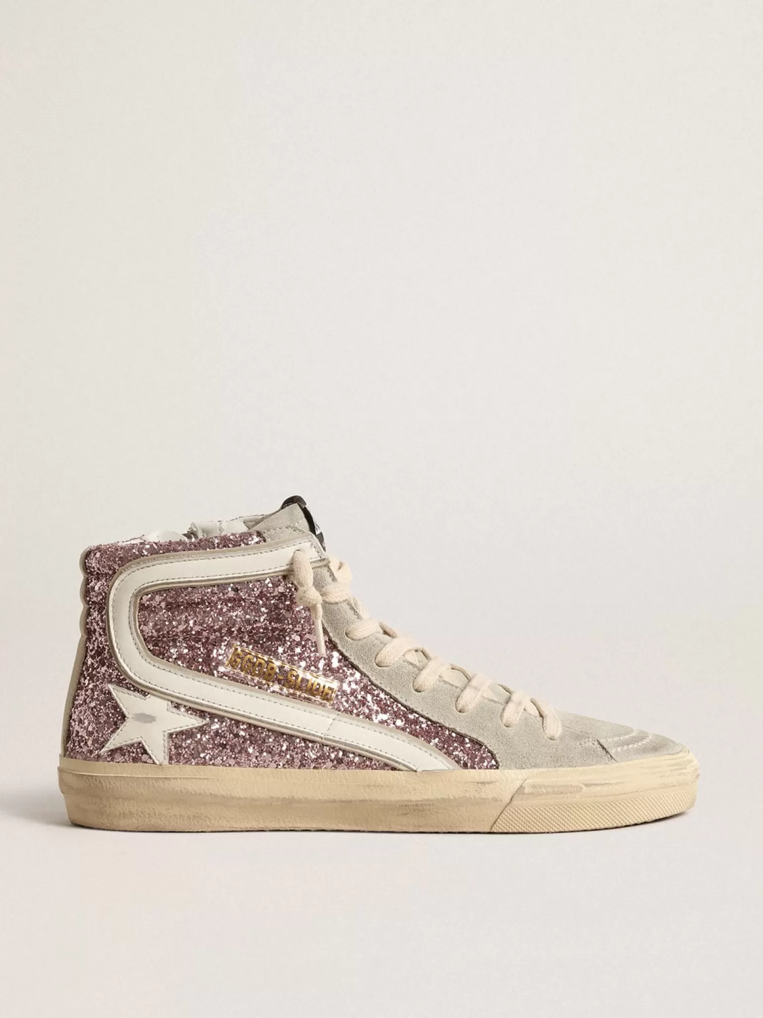 Clearance Slide de glitter lilás com estrela e lista de couro branco MULHER Slide