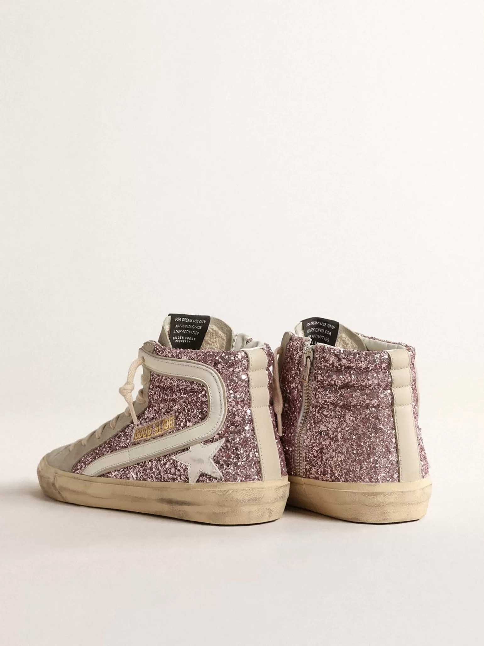 Clearance Slide de glitter lilás com estrela e lista de couro branco MULHER Slide