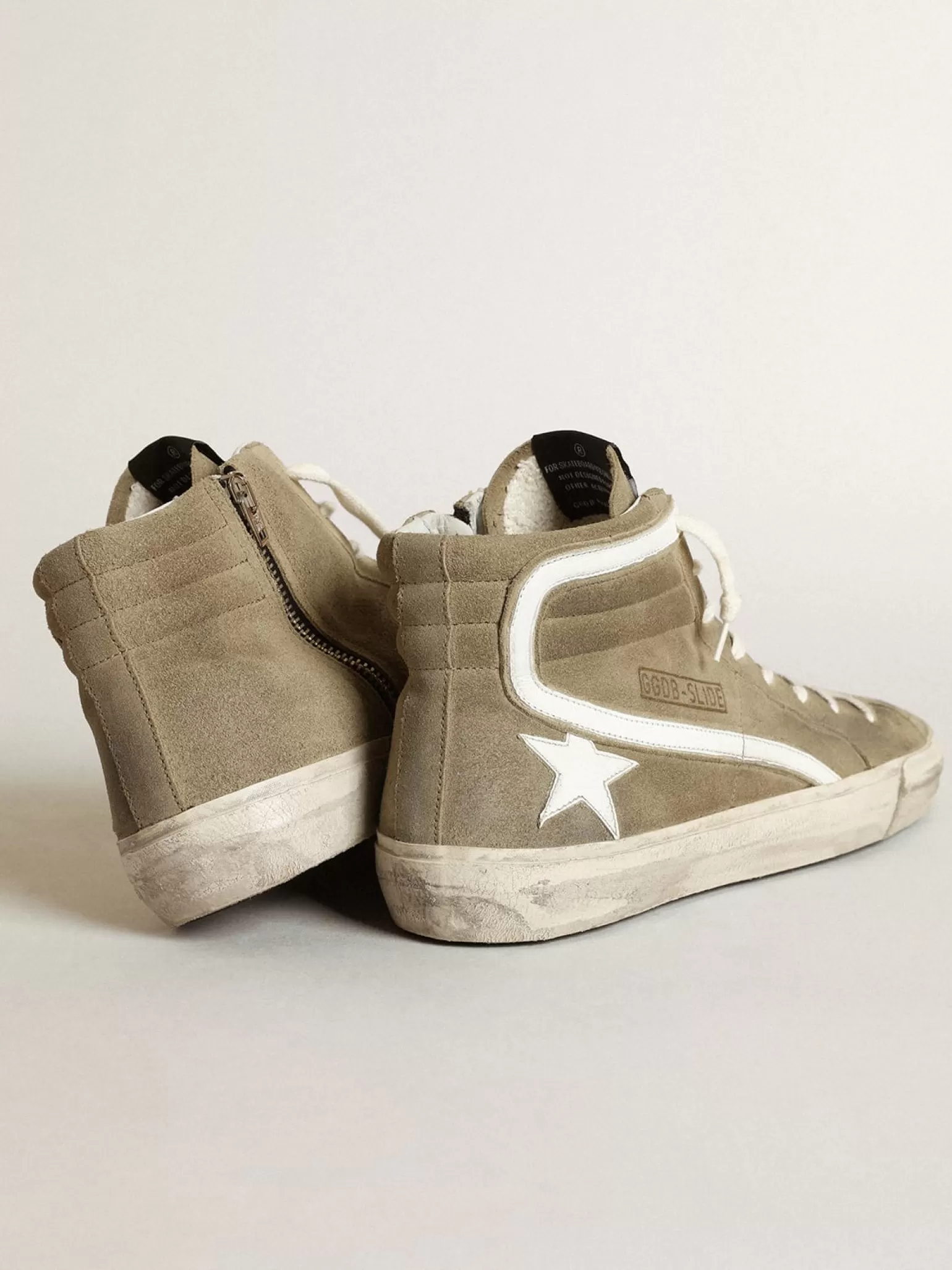 Clearance Slide masculino de suede verde-militar com estrela e lista brancas Slide