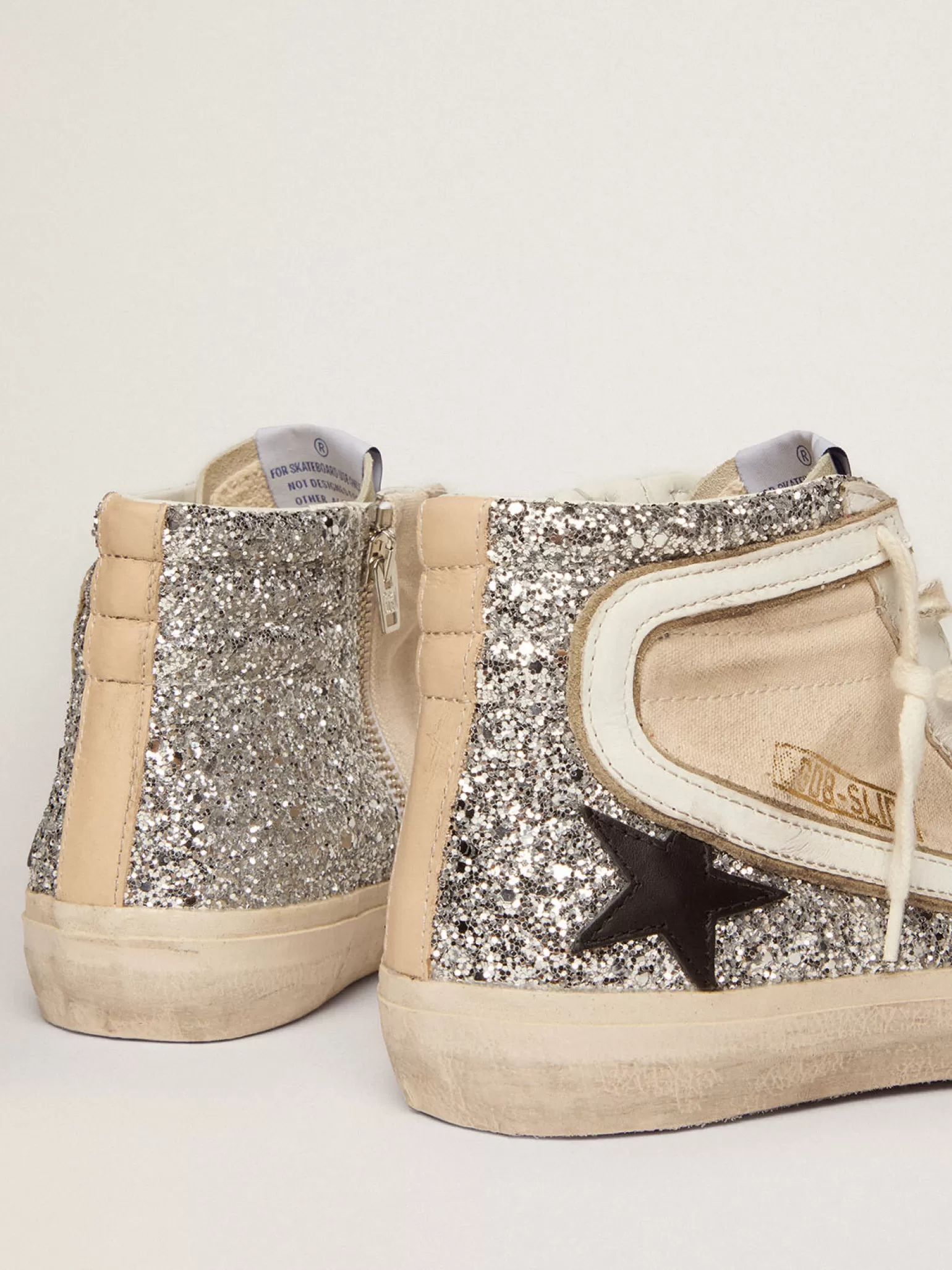 Flash Sale Slide Penstar feminino de lona cor creme e glitter prateado MULHER Slide