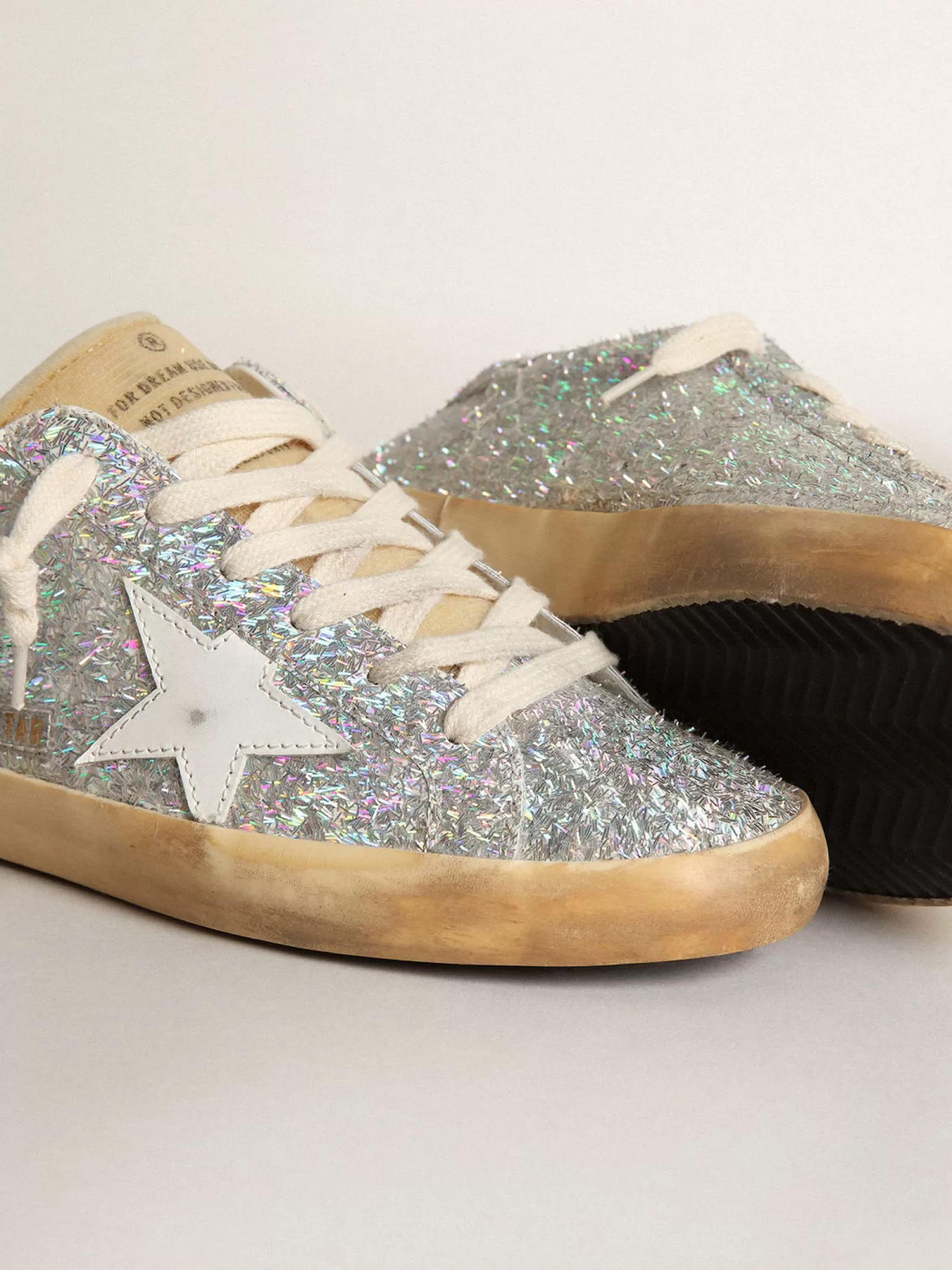 Cheap Super-Star com detalhes de lurex prateado e estrela de couro branco MULHER Super-Star