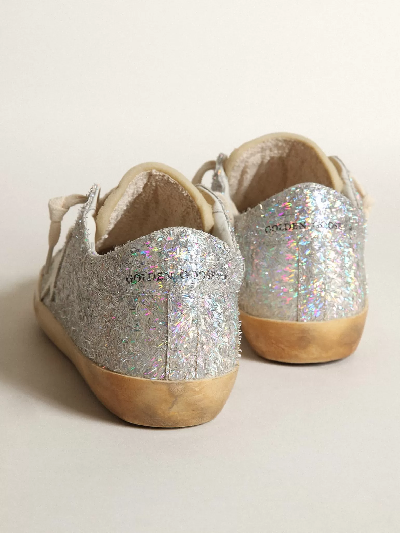 Cheap Super-Star com detalhes de lurex prateado e estrela de couro branco MULHER Super-Star