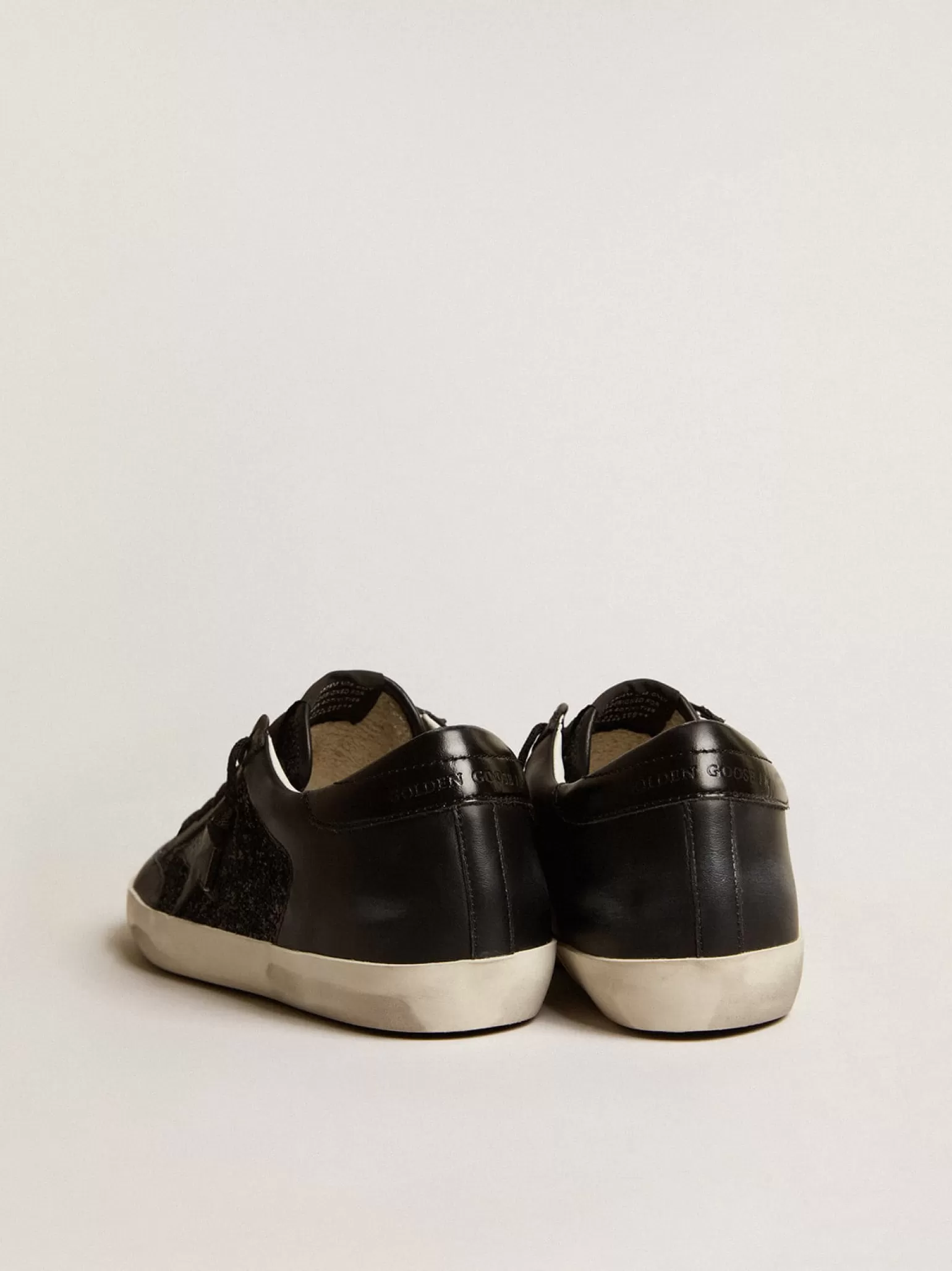 Flash Sale Super-Star de napa e glitter pretos com estrela de couro preto brilhante MULHER Super-Star