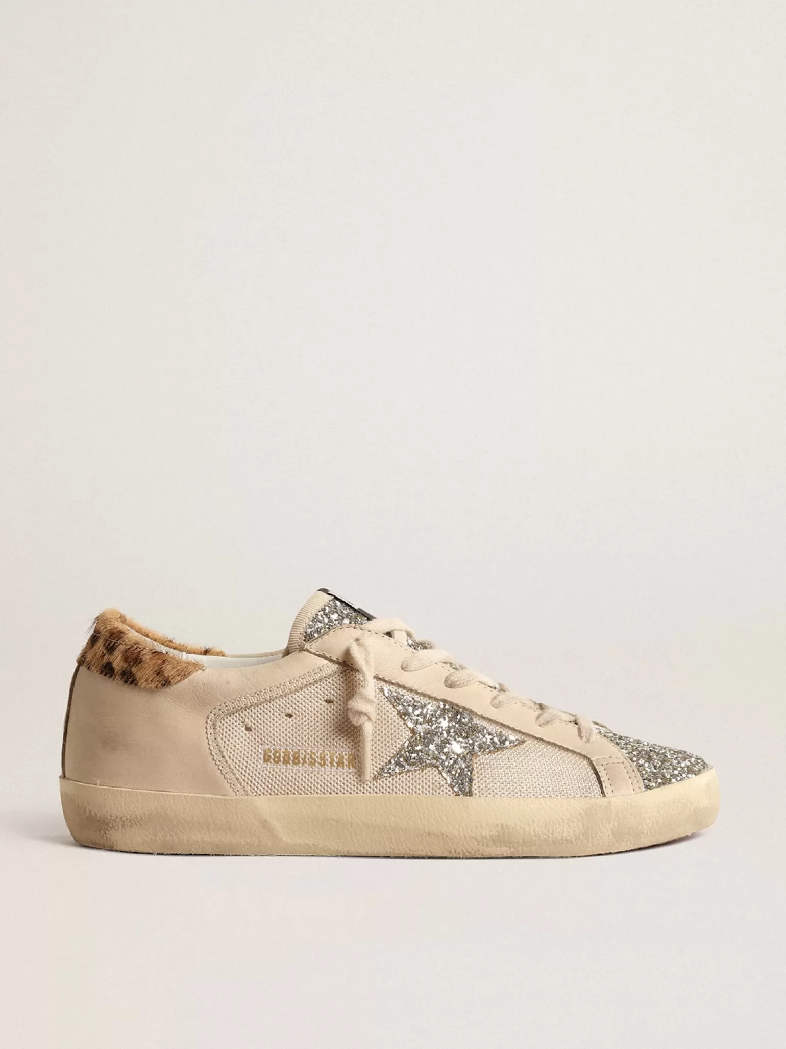 Outlet Super-Star de tela creme com estrela de glitter e talão leopardo MULHER Super-Star