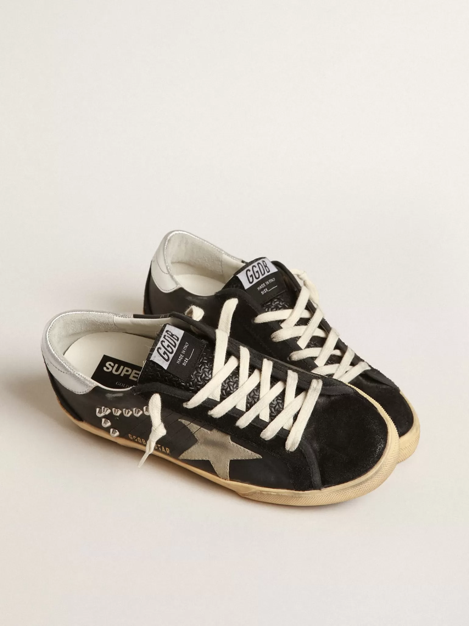 Cheap Super-Star Feminino de couro e suede pretos com tachas prateadas MULHER Super-Star