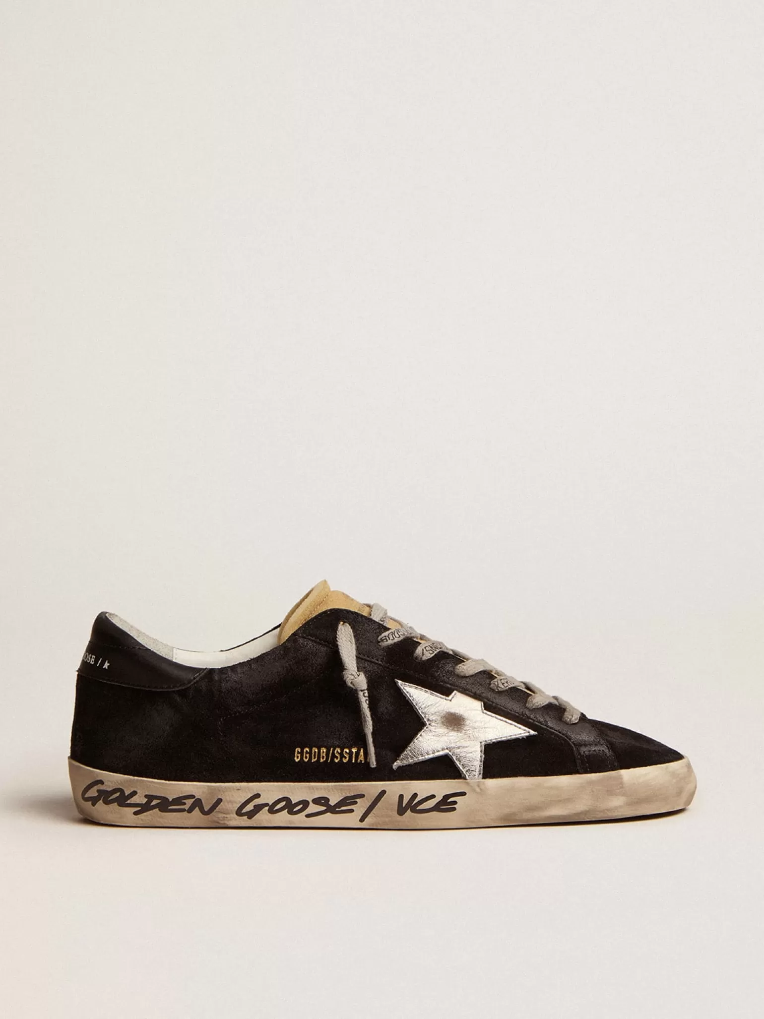Fashion Super-Star masculino de suede preto com estrela de couro metálico prateado Super-Star