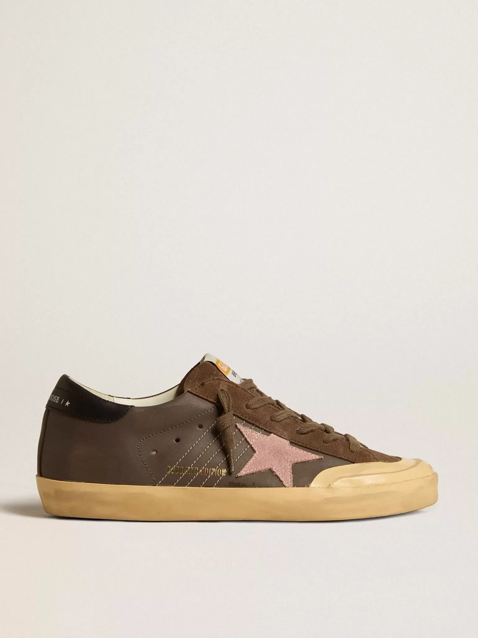 Store Super-Star Penstar LTD de couro marrom com estrela de suede rosa MULHER Super-Star