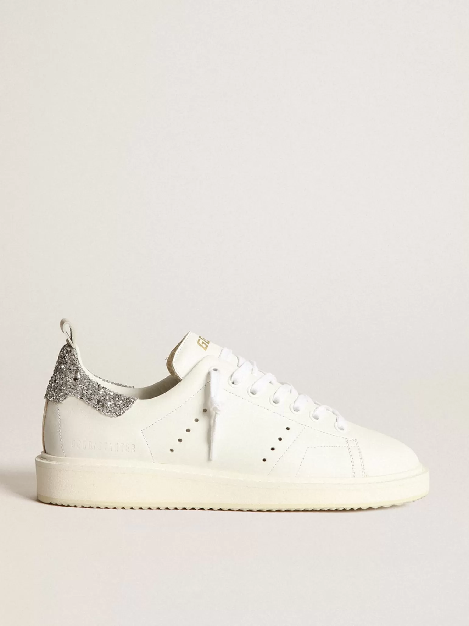 New Tênis Starter em couro branco com talão de glitter prateado MULHER Starter