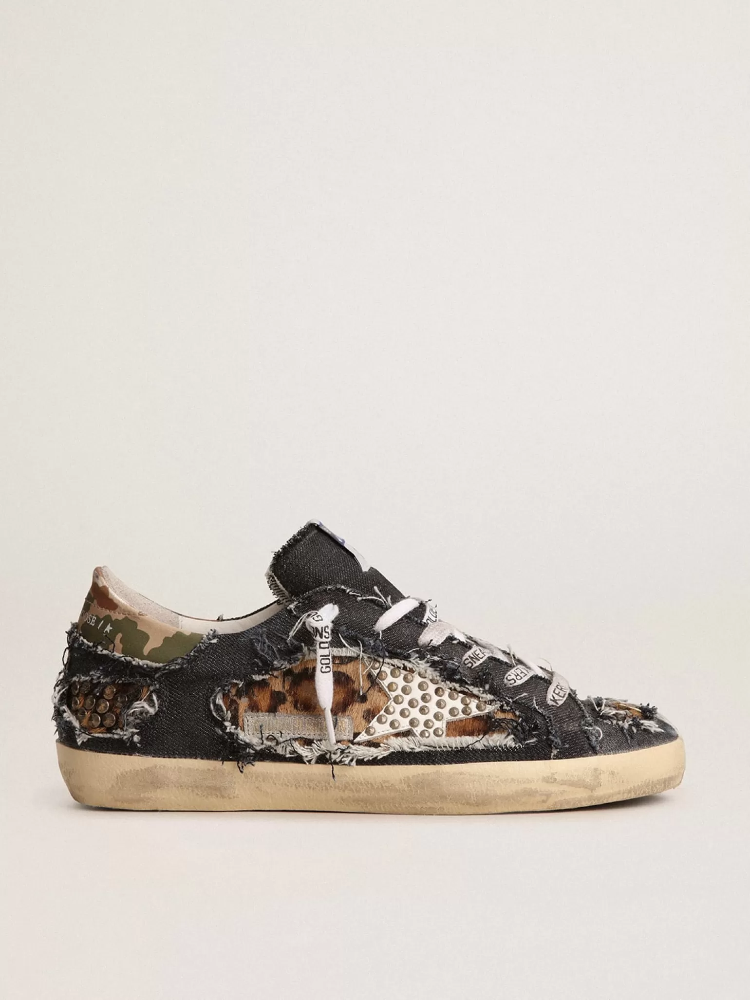 Best Tênis Super-Star feminino LAB de jeans e couro cavalinho com estampa de leopardo MULHER Super-Star