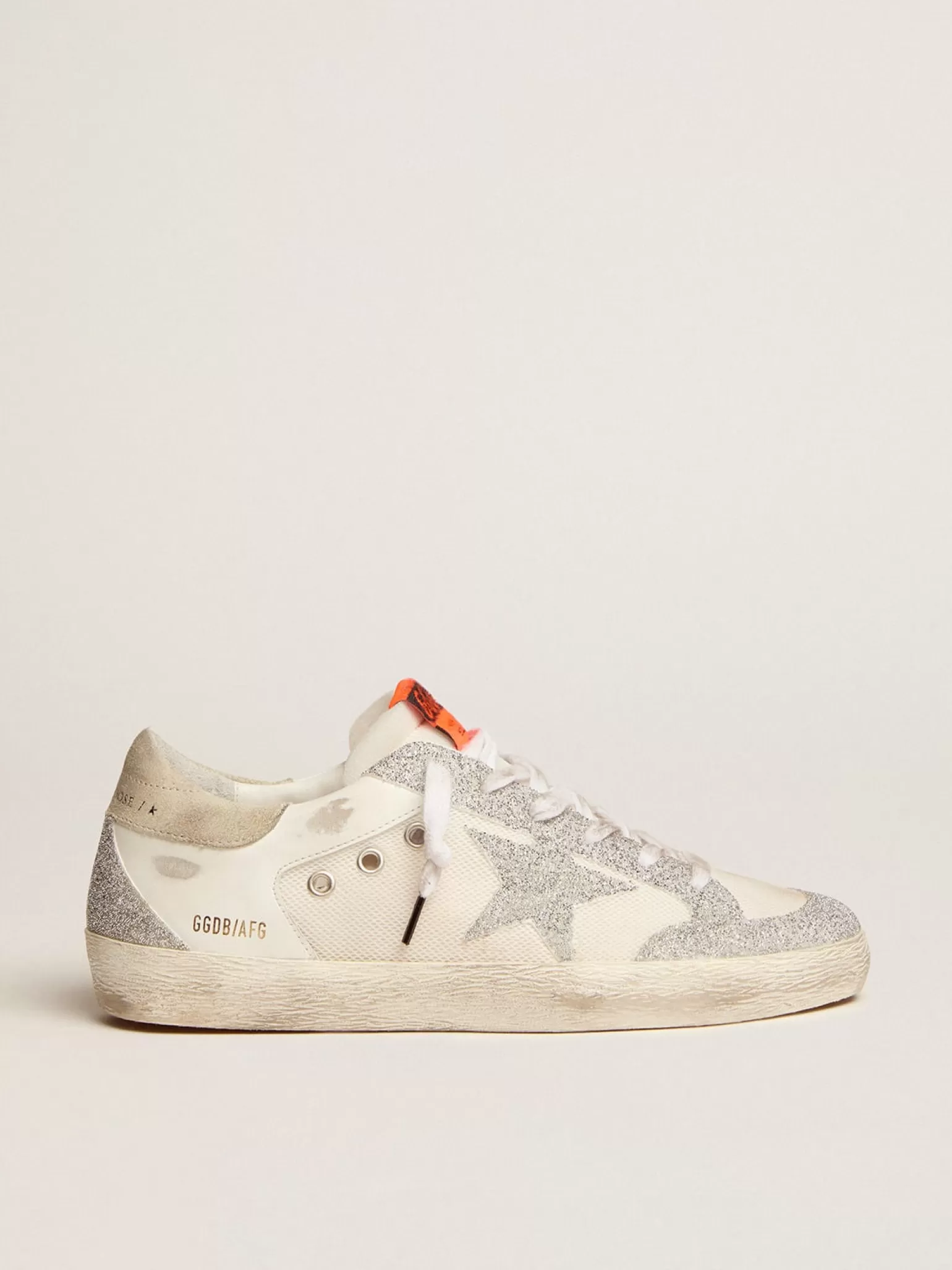 Fashion Tênis Super-Star LTD de couro e tela brancos com estrela e inserções com microcristais prateados MULHER Super-Star