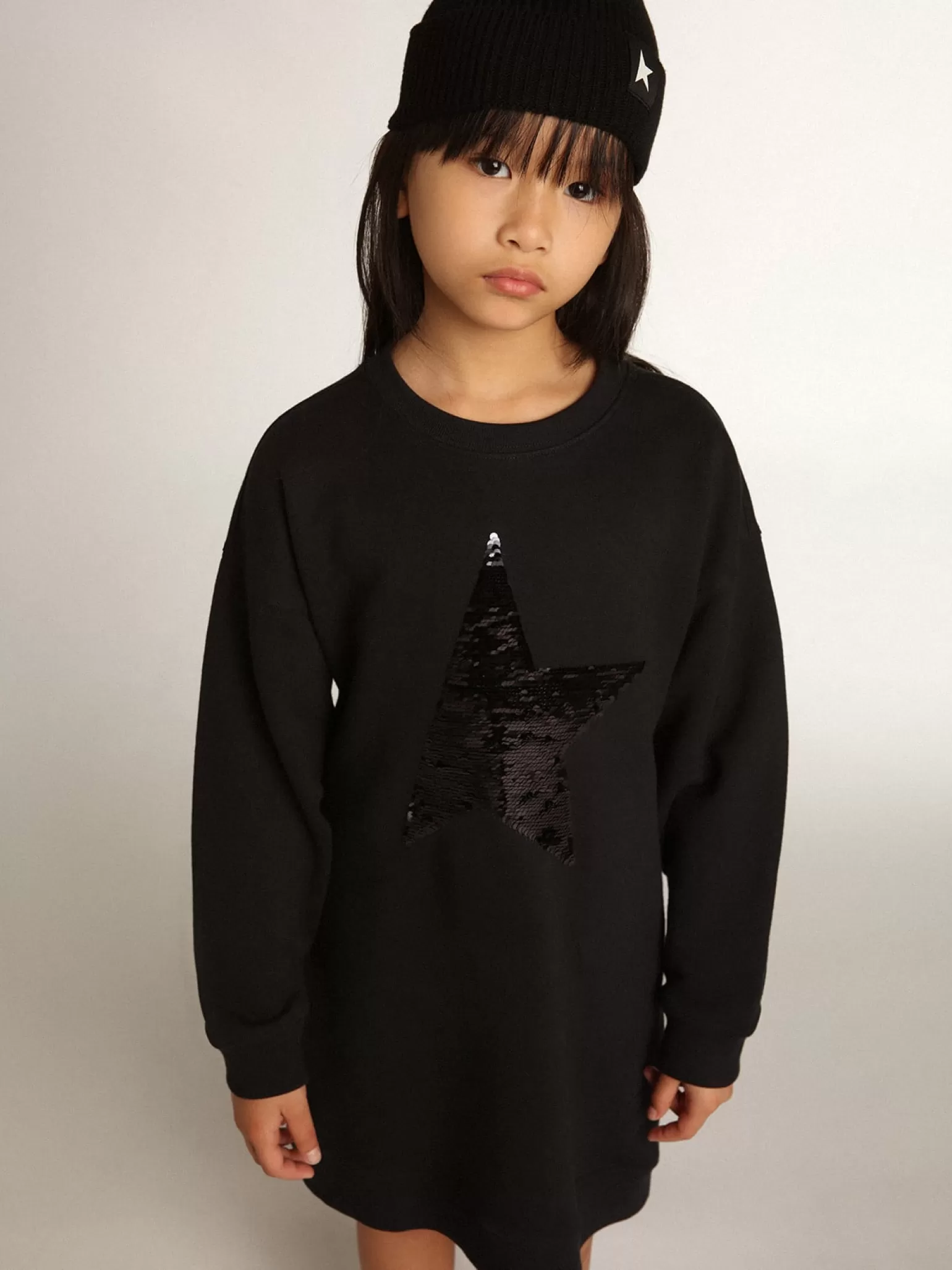 Flash Sale Vestido de moletom infantil feminino azul com estrela de lantejoulas Roupas de cima (4-12 years)