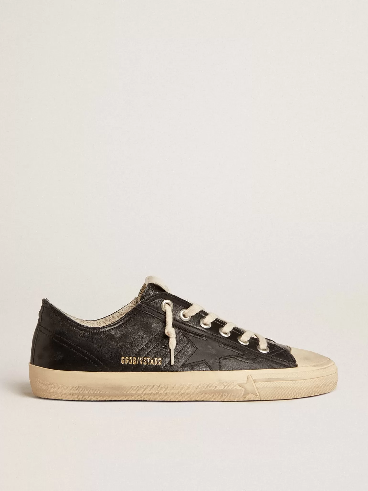 Flash Sale V-Star Masculino de napa preta com estrela de couro preto V-Star